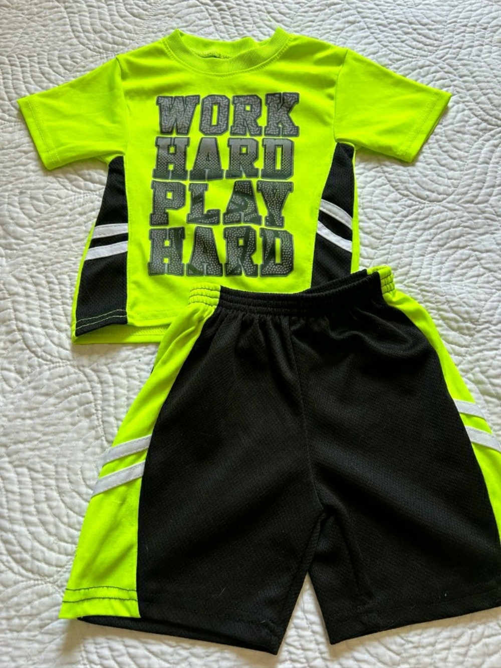 Mad Game Neon Lime 'Work Hard Play Hard' Athletic Shirt & Shorts Set 24M